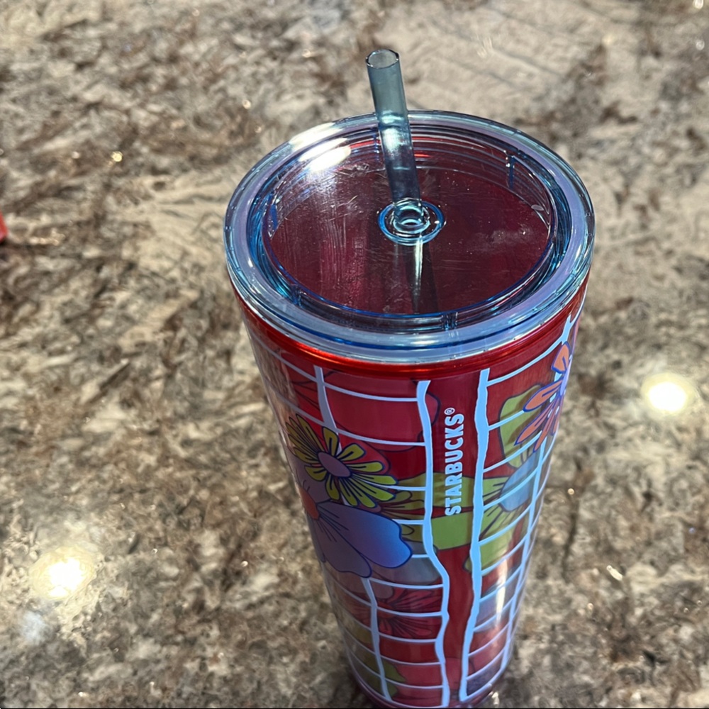 Starbucks Red Tumbler with Floral Accents